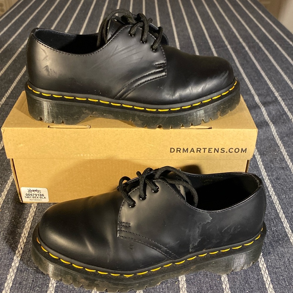 Dr. Martens Black Leather 3-Eye Lace-Up Shoes with Yellow Stitching